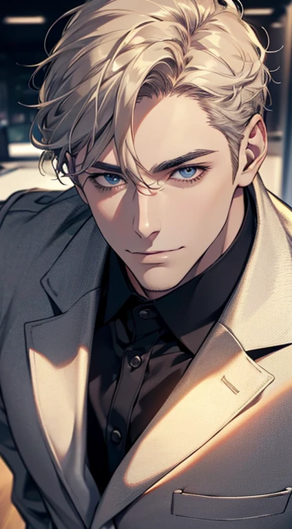(best quality,4k,8k,highres,masterpiece:1.2),ultra-detailed,(realistic,photorealistic,photo-realistic:1.37),1 man,31 years old,mature man,very handsome,without expression,smile,short grey golden hair,blue eyes,penetrating gaze,perfect face without errors,imposing posture,businessman,office background,cinematic lighting,hdr image