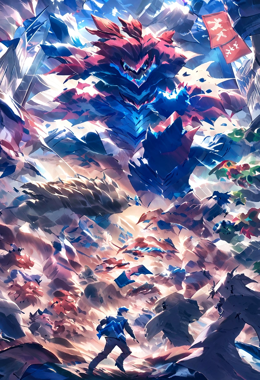 Giant monsters made of dirt destroy a city, Aliens fight monsters, Broken robots on the ground, A man in a blue suit escaped, Monster in the center of the image, Lying down image, Flying laying hens, best qualityer.
