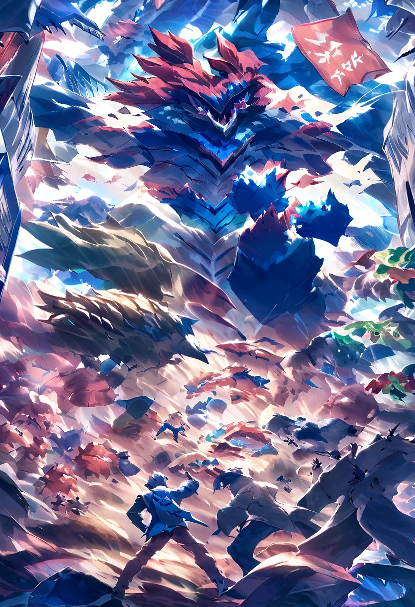 Giant monsters made of dirt destroy a city, Aliens fight monsters, Broken robots on the ground, A man in a blue suit escaped, Monster in the center of the image, Lying down image, Flying laying hens, best qualityer.