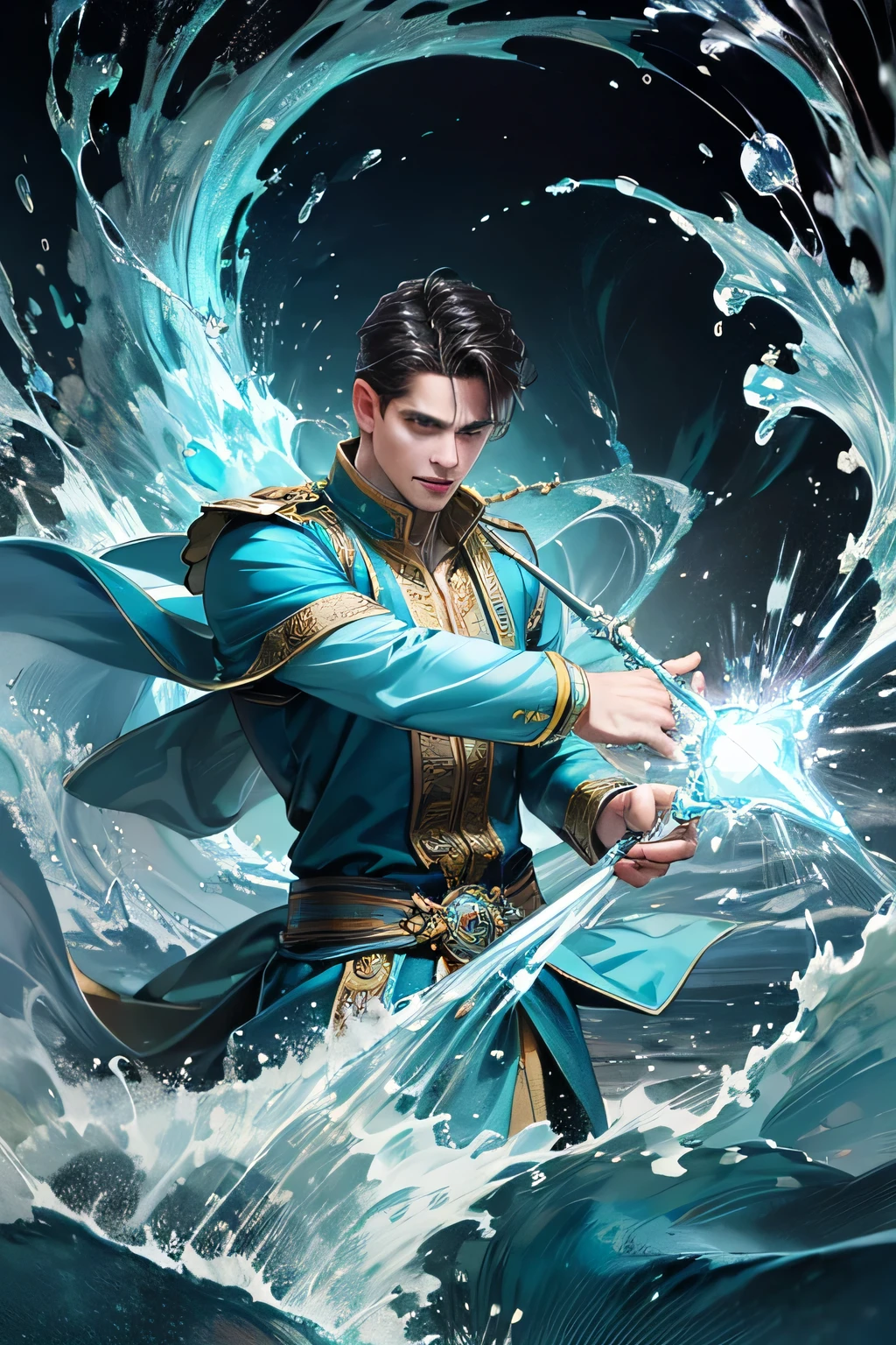 "Create an ultra-realistic image of a handsome 42-year-old man holding an aqua magical staff that emanates the powerful essence of water. Depict him surrounded by flowing currents, cascading waves, and shimmering droplets to highlight his command over the element of aqua. He should have an aqua sign marked on his body, signifying his role as the keeper of aqua and showcasing the dynamic, fluid energy of water he possesses within him."