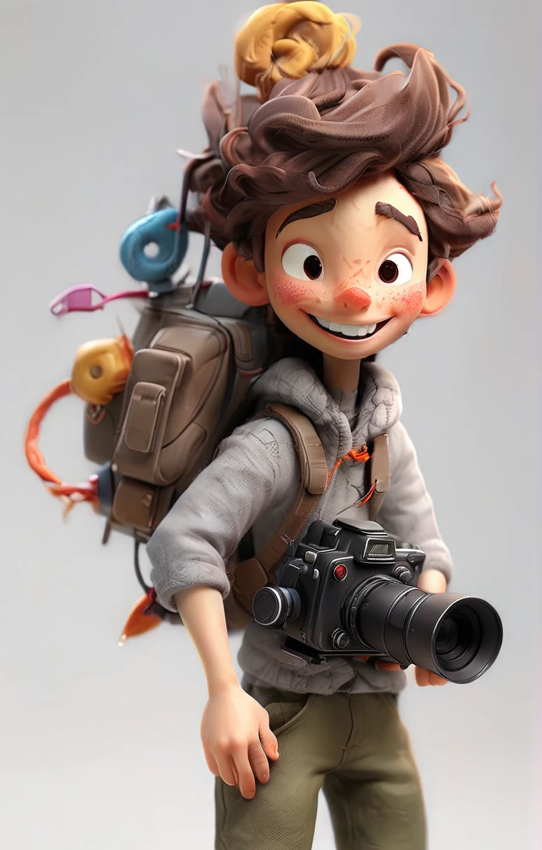 A young man was running around with a video camera,smiling face, zbrush, rendererC4D, octane rendering, white background, 3D, Blender, 8K, HD --ar 3:4 --niji 5