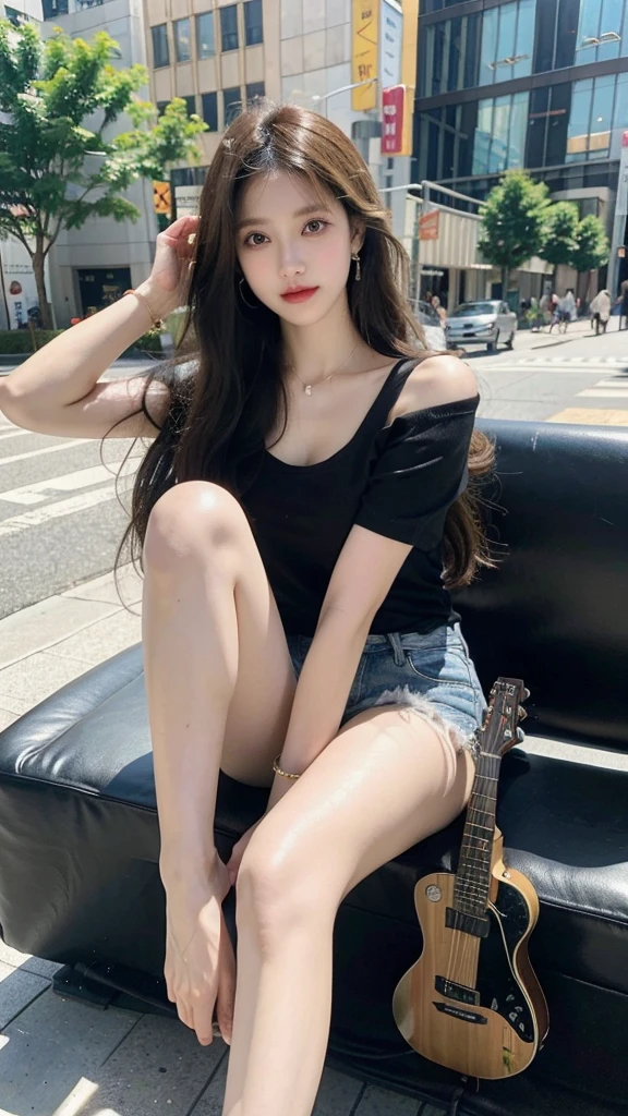 (8K, raw photo, best quality, masterpiece:1.2),(realistic, realistic:1.37),photon mapping,professional lighting,radio city,1 girl,alone,long_hair,(bracelet:1.1),(long legs:1.2),(earring:1.1),Physically Based Rendering,step,Performance,sit down,a different guitar,(short tank top),outdoor background