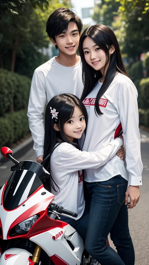 look at camera A young couple with similar long-sleeved white shirts. girl is long hair.A red Yamaha R15 motorcycle. The boy's shirts name (lee "), the girl's shirt name ("lee), They are looking at each other and smiling. The background is black