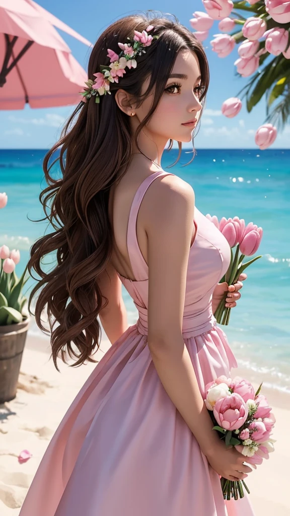 
Create a 6 profile picture of a Matured Women but different faces and hair style wearing a pink beach dress she is holding a pink tulips with her both hands and her hair is brown and the background is beach theme wedding she is a bridesmaid 