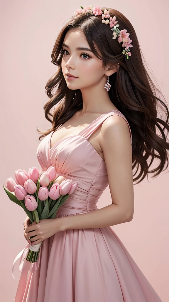 
Create a 6 profile picture of a Matured Women but different faces and hair style wearing a pink beach dress she is holding a pink tulips with her both hands and her hair is brown and the background is beach theme wedding she is a bridesmaid 