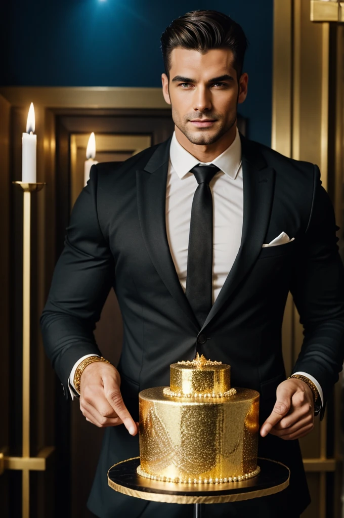 Muscular man in black suit and gold lace details,holding a sun themed cake with blue candles