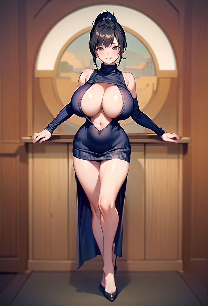 masterpiece, Highest quality, One girl, short ponytail、black hair、virgin killer sweater, (sweater dress:1.2), ribbed sweater,sideboob,cleavage cutout, turtleneck sweater,(broen sweater:1.3),(crop top navel:0.8)、sleeveless,gentle smile、Very sexy、full body,from front,huge breasts,Background white