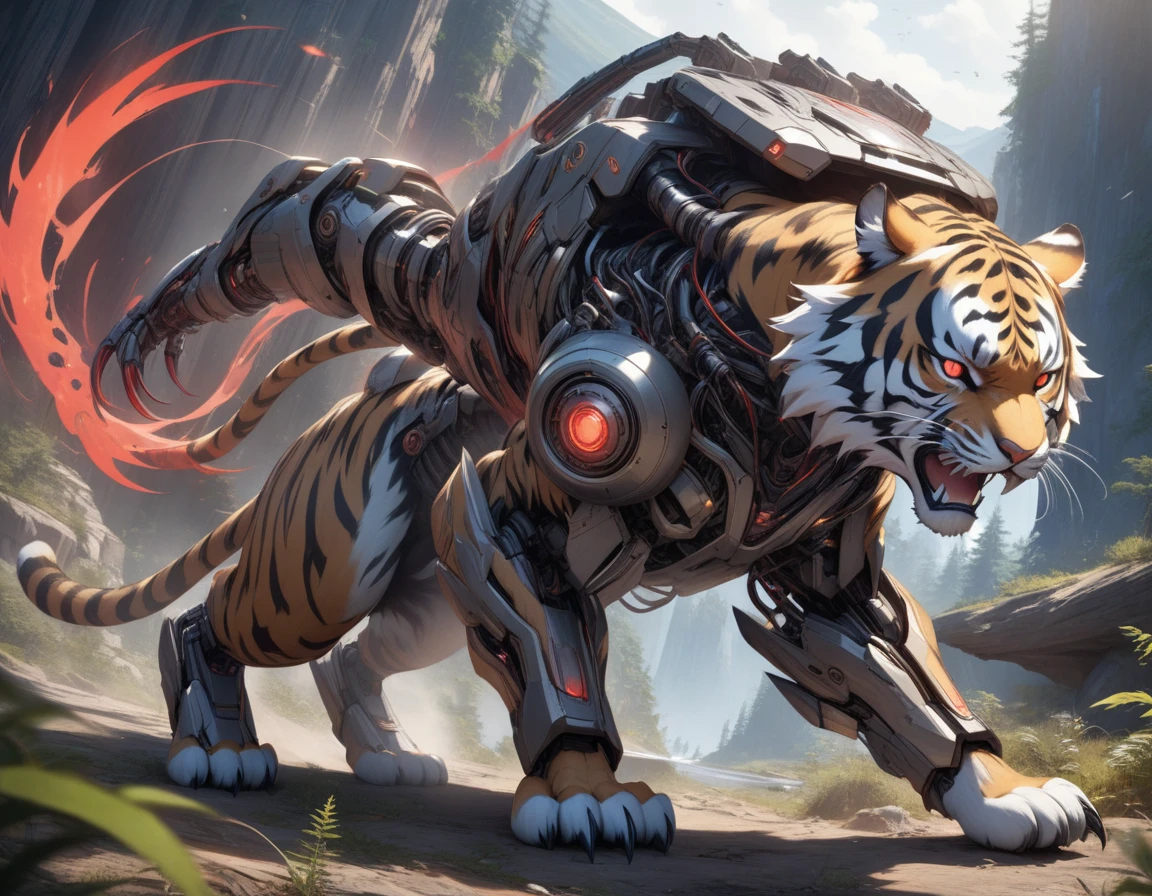 ((Masterpiece)), ((Best Quality)), (Very Detailed), ((Very Detailed)), 4K, (8K), very aesthetic, absurdres highres, "A realistic depiction of a futuristic robotic tiger fighting in the wilderness. This tiger's design combines organic elements with advanced mechanical elements. The tiger has white fur with black stripes and is slim. Parts of the body are based on natural cat anatomy, while other parts have mechanical features such as exposed gears, metal plates, and red glowing elements. It has glowing red eyes, sharp fangs, and visible metal plates on its body.The front and hind legs are powerful and have visible metal joints. The claws are sharp and have glowing red energy flowing through them.The background is a vast wilderness and contains realistic depictions of combat. action pose, dynamic angle, cyborg, android,