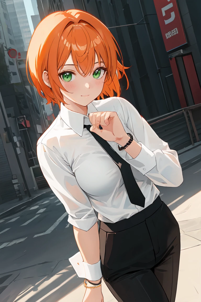 masterpiece, best quality, highly detailed background, perfect lighting, best quality, (extremely detailed face), volumetric lighting, intricate details, shadow, tonemapping, sharp focus, hyper detailed, trending on Artstation, (solo)
BREAK
(Blush, orange hair, green eyes, 25 years old, short hair, medium build, medium breasts ), (hands)
BREAK
((White shirt, long sleeve shirt, black pants, black tie, red bracelet))
BREAK
(city street )
BREAK
(Standing, facing_viewer,looking_at_viewer, light smile, closed mouth, (fighting pose))