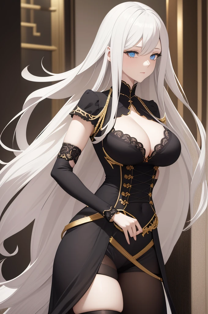 Elegant tall adult woman long white hair light blue eyes large breasts wide hips thick thighs wearing short black shorts with lace details, black corset with gold details and a white blouse with a low neckline in Genshin Impact features