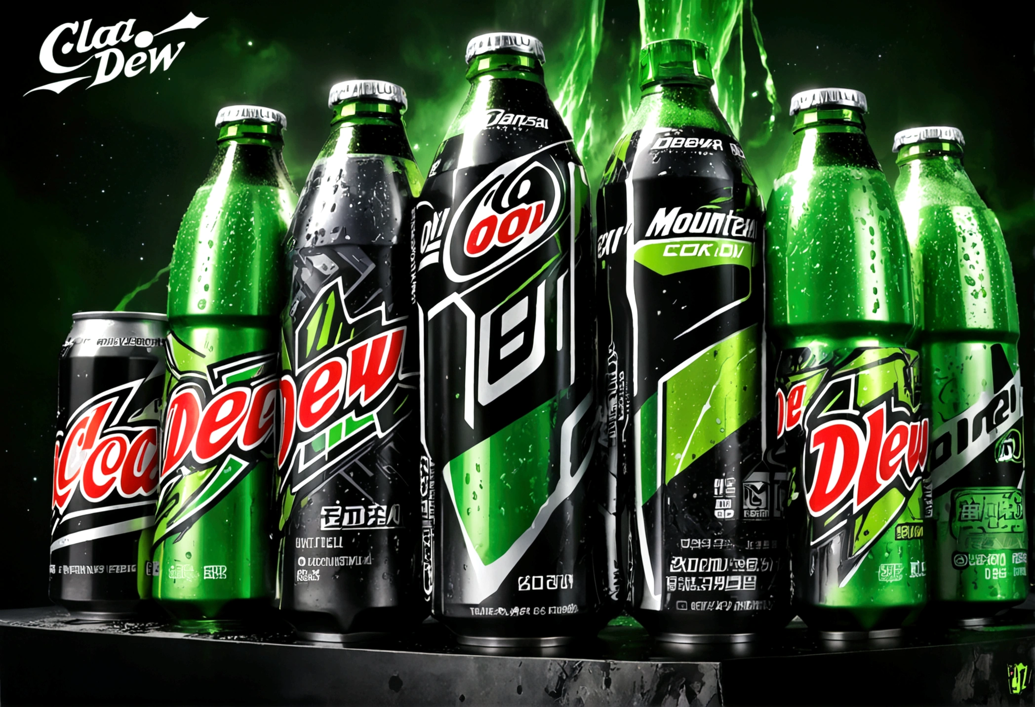 The robotic forces of Coca Cocal (coke trademark color scheme) battle the robot samurais of clan Mountain Dew (Mountain Dew logos and color scheme), space battle, rocket thrust