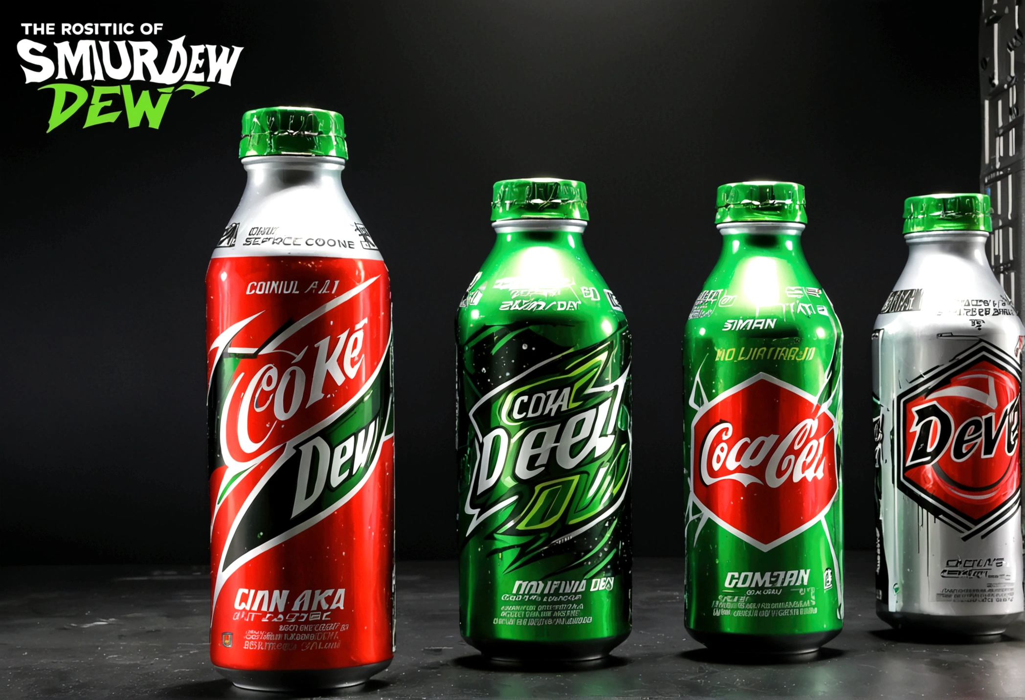 The robotic forces of Coca Cocal (coke trademark color scheme) battle the robot samurais of clan Mountain Dew (Mountain Dew logos and color scheme), space battle, rocket thrust