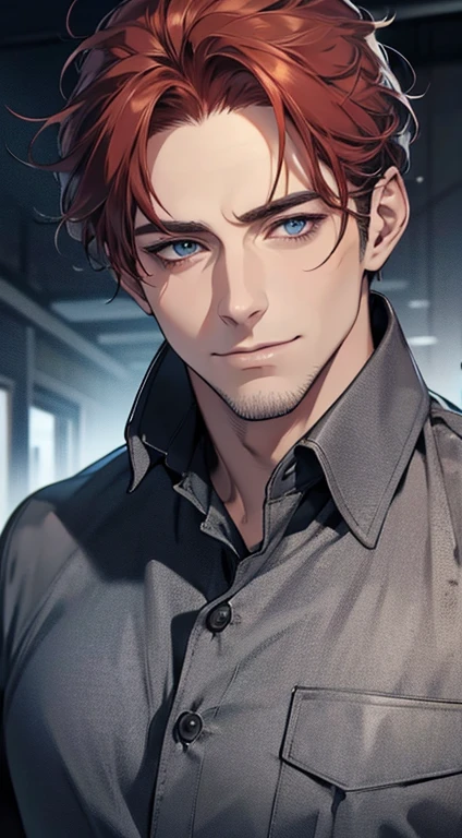 (best quality,4k,8k,highres,masterpiece:1.2),ultra-detailed,(realistic,photorealistic,photo-realistic:1.37),1 man,31 years old,mature man,very handsome,without expression,smile,short grey red hair,blue eyes,penetrating gaze,perfect face without errors,imposing posture,businessman,office background,cinematic lighting,hdr image