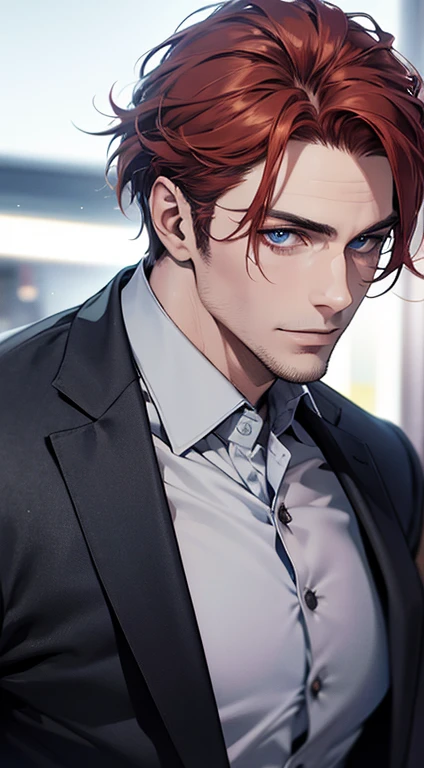 (best quality,4k,8k,highres,masterpiece:1.2),ultra-detailed,(realistic,photorealistic,photo-realistic:1.37),1 man,31 years old,mature man,very handsome,without expression,smile,short grey red hair,blue eyes,penetrating gaze,perfect face without errors,imposing posture,businessman,office background,cinematic lighting,hdr image