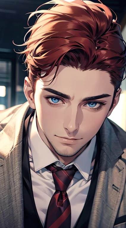 (best quality,4k,8k,highres,masterpiece:1.2),ultra-detailed,(realistic,photorealistic,photo-realistic:1.37),1 man,31 years old,mature man,very handsome,without expression,smile,short grey red hair,blue eyes,penetrating gaze,perfect face without errors,imposing posture,businessman,office background,cinematic lighting,hdr image