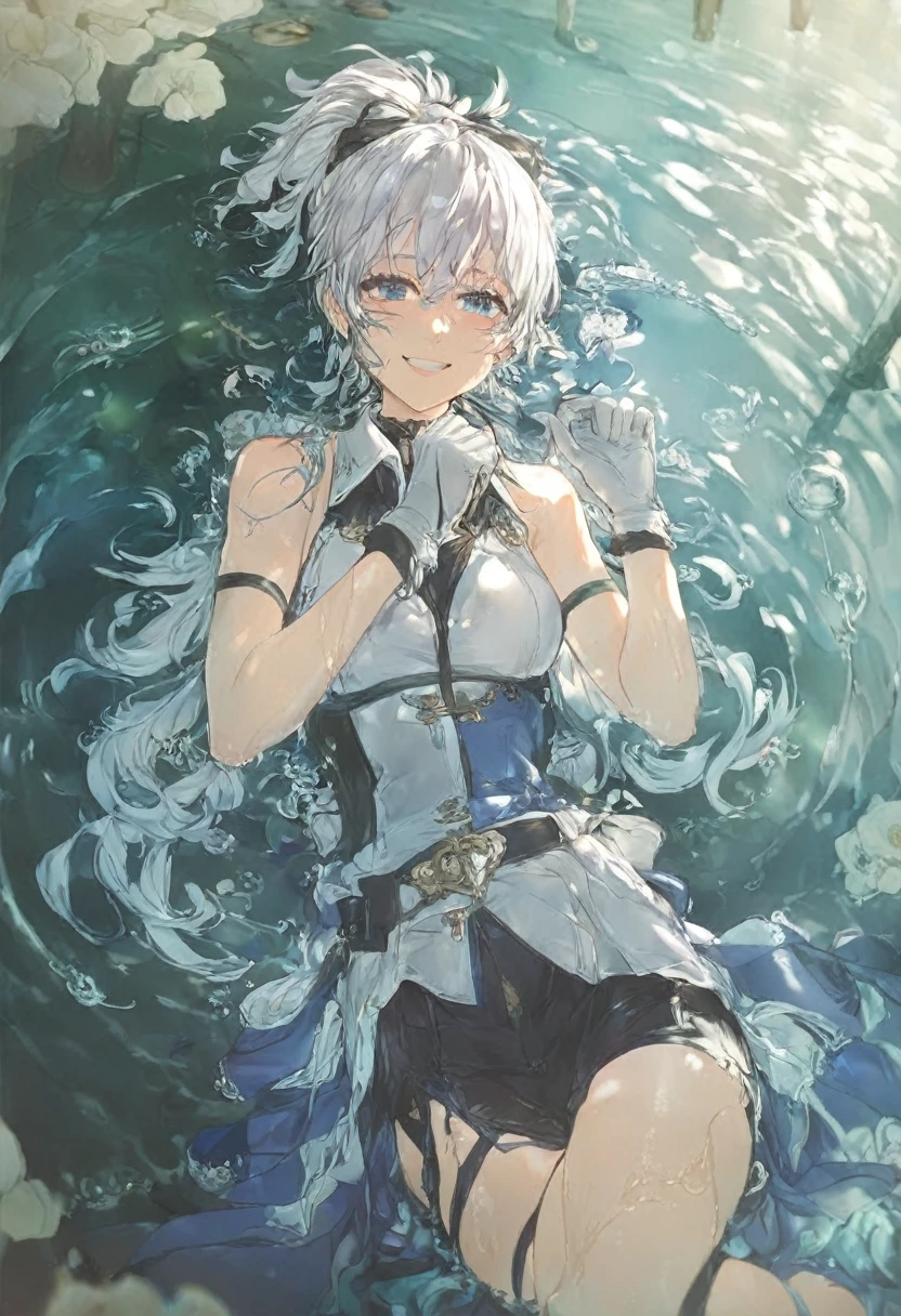 1girl, lying in water, white hair, blue eyes, ponytail, wet hair, smile, gloves, love gesture 