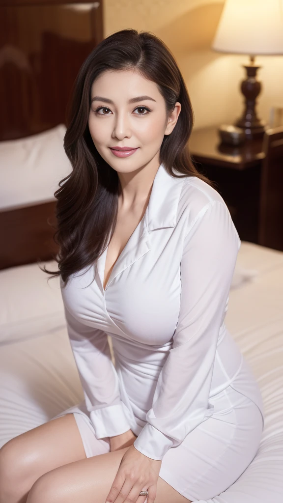 ((masterpiece))、((Highest quality))、picture、Reality、High-level image quality、Advanced Depth of Field、Ultra-detailed、Realistic lighting、Dynamic composition、Luxury Suite、(Sitting on a hotel bed:1.3)、Curly long hair、（married milf、60s）、(Beautiful Mature Woman:1.1)、Nurse、Delicate facial features、Old face、Facial wrinkles、Realistic Background、Big sexy lips、Sensual smile、Smile shyly、(Huge breasts:)、(Saggy breasts)、(Voluptuous figure:1.2)、(When you wear a white nurse uniform)、