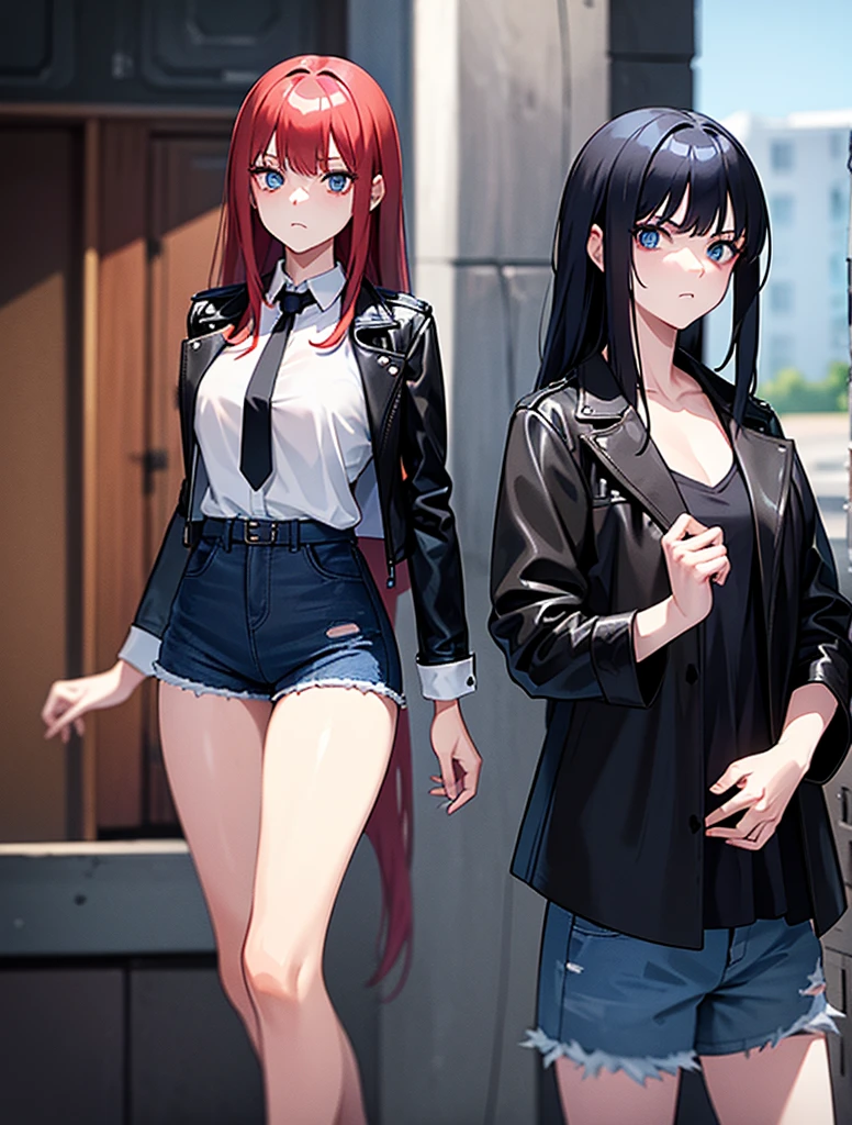 Two young girls, a young red-haired girl with blue eyes wearing a black leather jacket and a short white shirt with short blue denim shorts, and the second girl, a young girl with long black hair, blue eyes, a black leather jacket and a black shirt with short blue denim shorts., head on, way a way, dos chicas way a way, serious look, serious expression