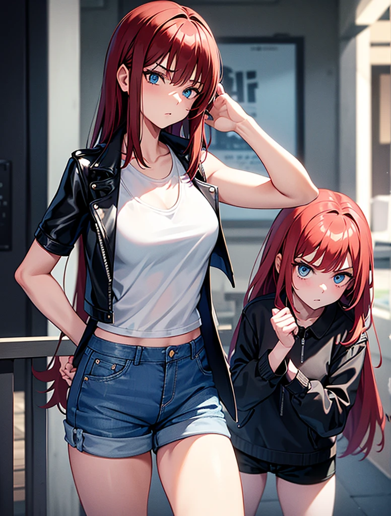 Two young girls, a young red-haired girl with blue eyes wearing a black leather jacket and a short white shirt with short blue denim shorts, and the second girl, a young girl with long black hair, blue eyes, a black leather jacket and a black shirt with short blue denim shorts., head on, way a way, dos chicas way a way, serious look, serious expression