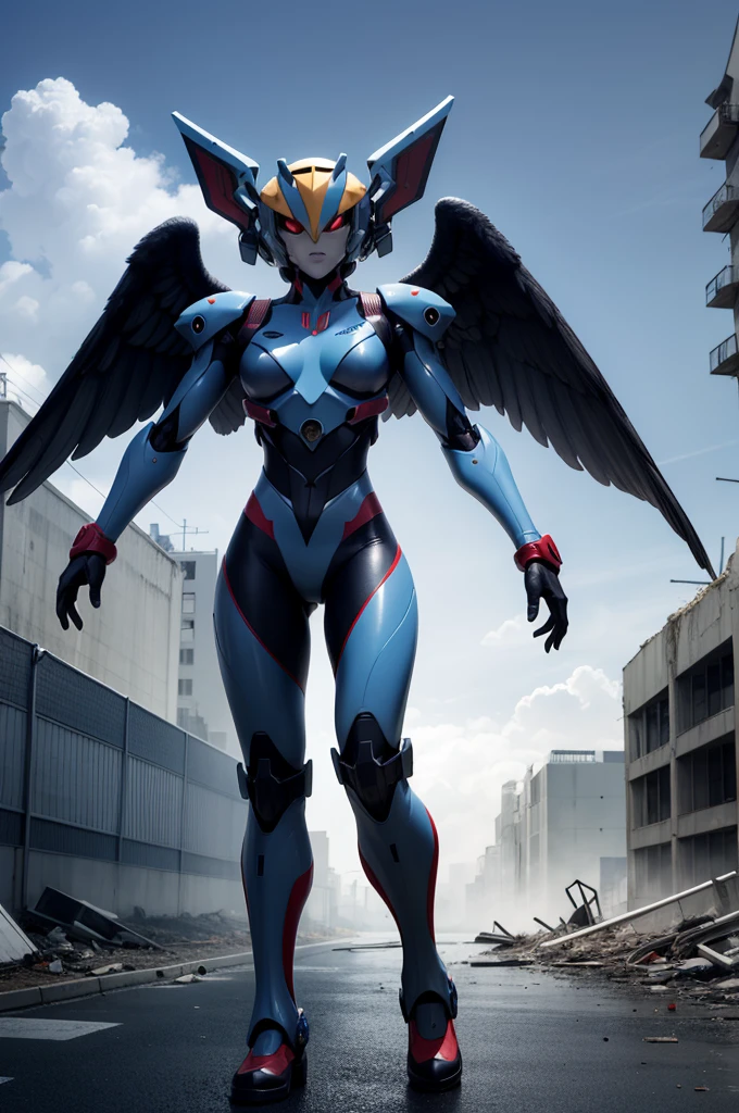 A giant mecha angel from neon genesis evangelion in the middle of a ruined city, fractal-like, dark mood, atmospheris, horror, The ultra -The high-definition、8K UHD、masterpiece