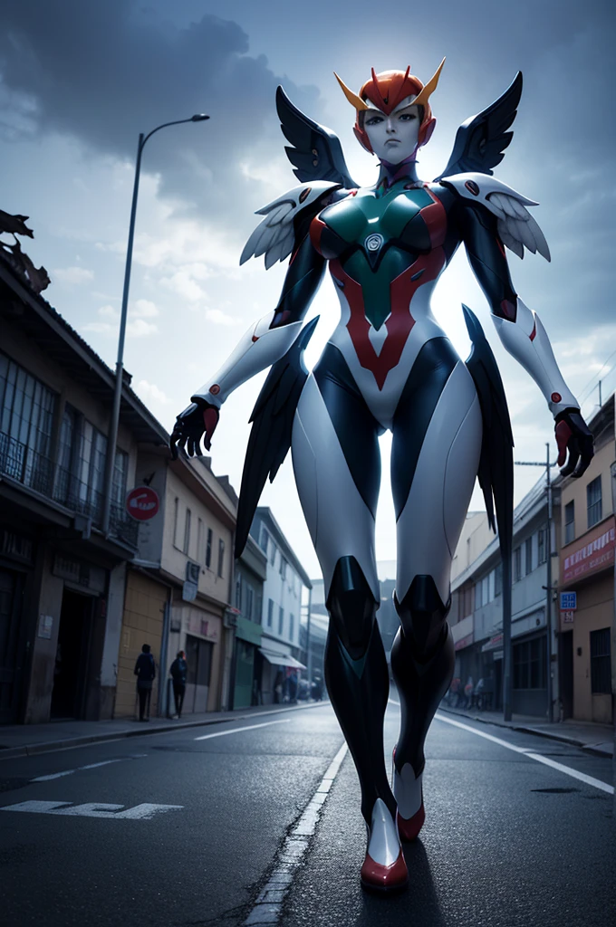 A giant mecha angel from neon genesis evangelion in the middle of a ruined city, fractal-like, dark mood, atmospheris, horror, The ultra -The high-definition、8K UHD、masterpiece