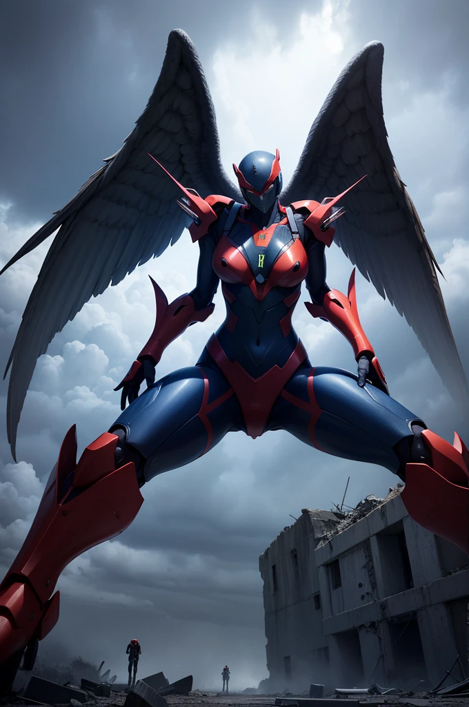A giant mecha angel from neon genesis evangelion in the middle of a ruined city, fractal-like, dark mood, atmospheris, horror, The ultra -The high-definition、8K UHD、​masterpiece