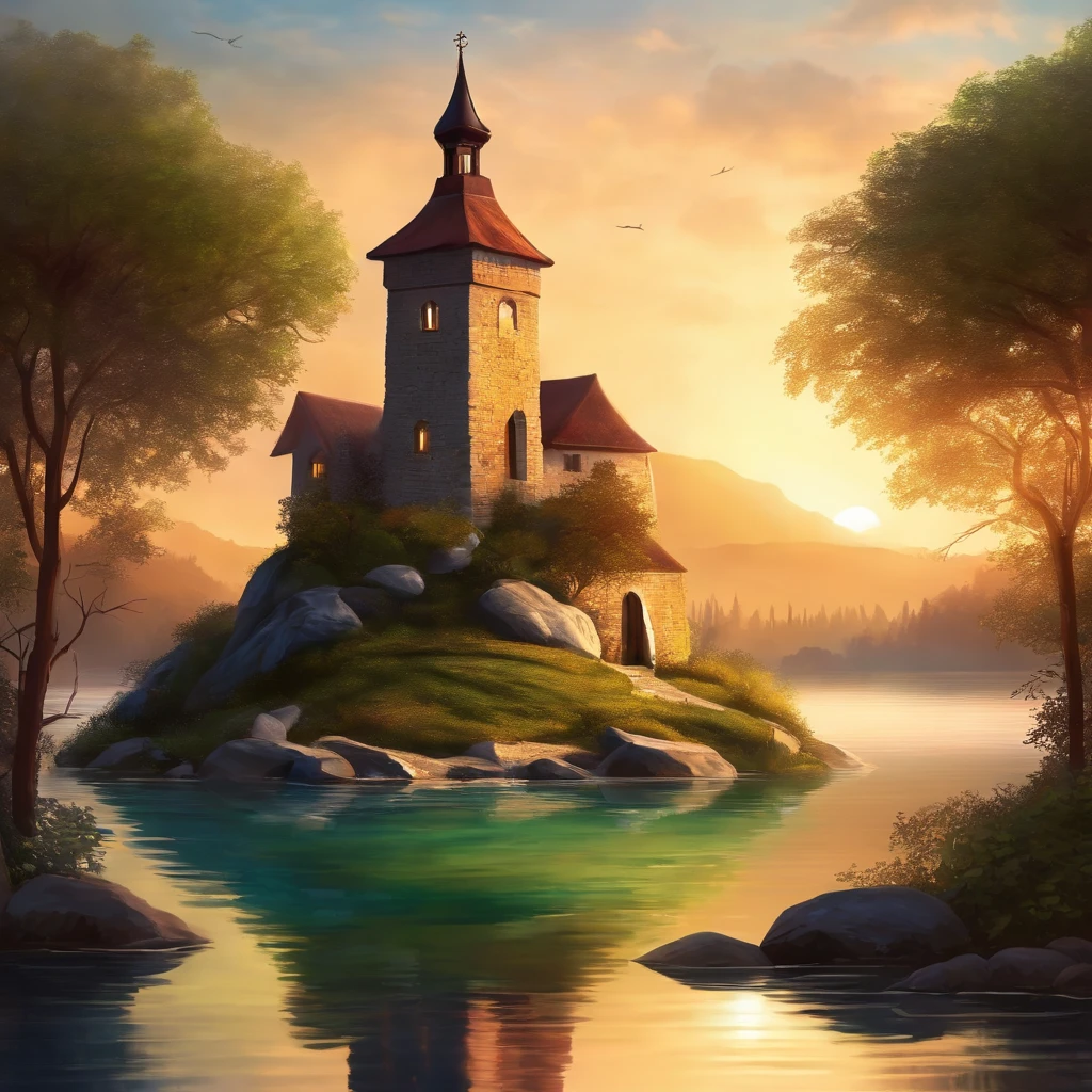 Prompt: “A perfectly still, crystal-clear lake reflecting the surroundings like a mirror. In the center of the lake lies a small island with an old stone tower that emits a magical glow.”