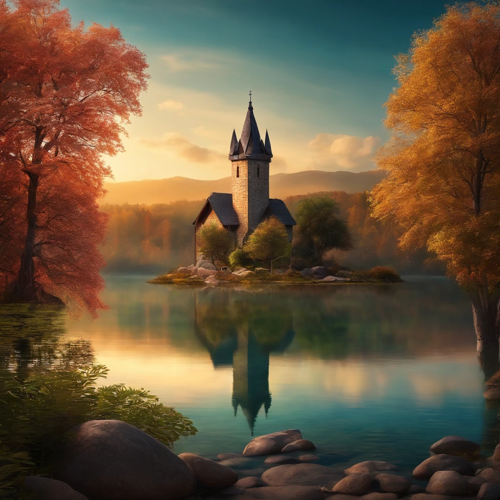 Prompt: “A perfectly still, crystal-clear lake reflecting the surroundings like a mirror. In the center of the lake lies a small island with an old stone tower that emits a magical glow.”
