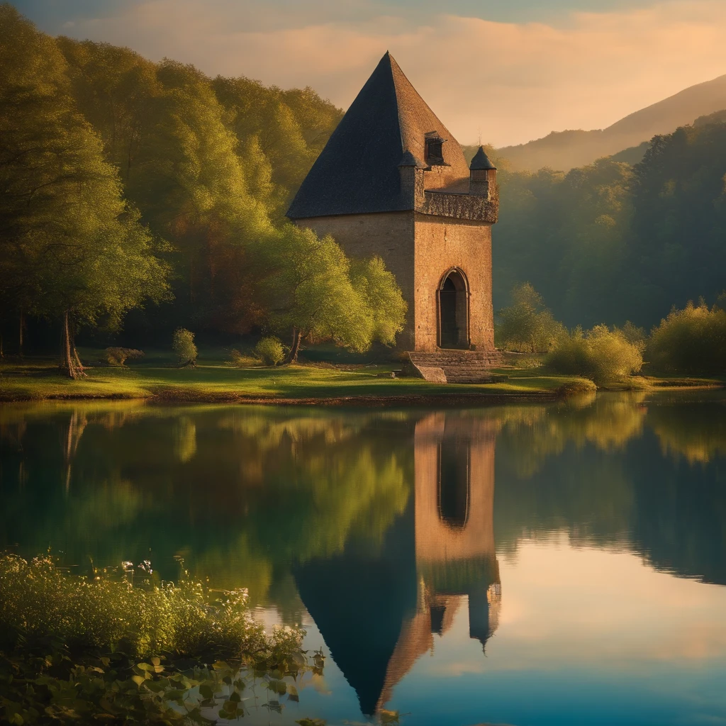 Prompt: “A perfectly still, crystal-clear lake reflecting the surroundings like a mirror. In the center of the lake lies a small island with an old stone tower that emits a magical glow.”