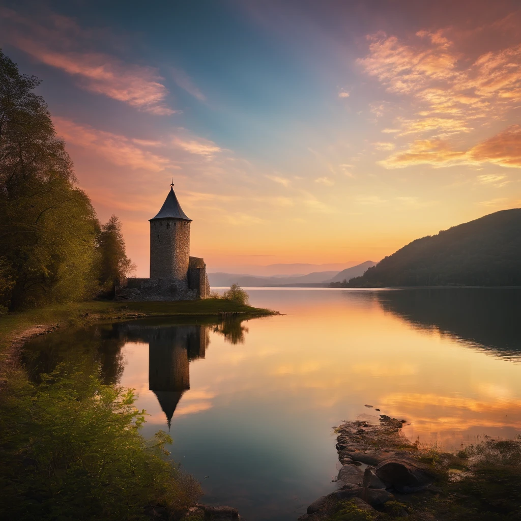 Prompt: “A perfectly still, crystal-clear lake reflecting the surroundings like a mirror. In the center of the lake lies a small island with an old stone tower that emits a magical glow.”