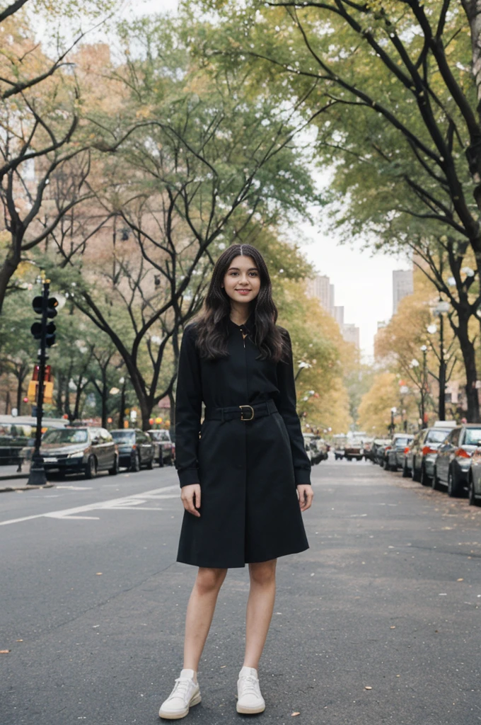 her name is Annie, high quality, 1girl, ((20-year-old fit Caucasian woman)), ((20 years old)), ((fit)) black long hair, pose: standing, wearing pastel colored unique g gen Z modern wear, BACKGROUND: Lived in the heartbeat of New York City, with its iconic skyline, Central Park's green oasis, and Broadway's bright lights.