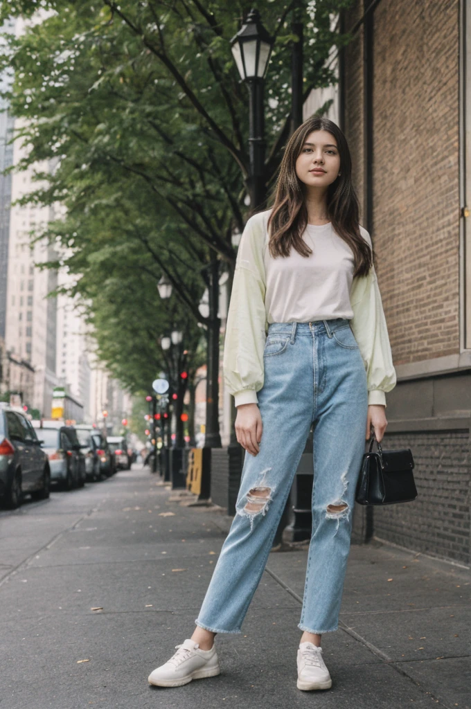 her name is Annie, high quality, 1girl, ((20-year-old fit Caucasian woman)), ((20 years old)), ((fit)) black long hair, pose: standing, wearing pastel colored unique g gen Z modern wear, BACKGROUND: Lived in the heartbeat of New York City, with its iconic skyline, Central Park's green oasis, and Broadway's bright lights.