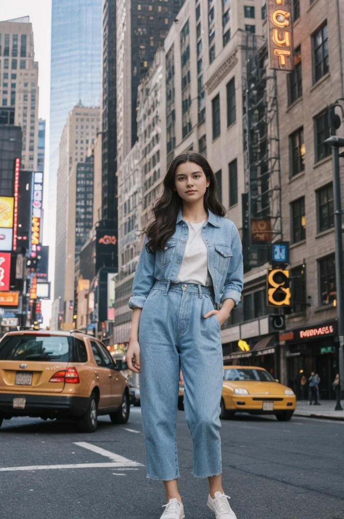her name is Annie, high quality, 1girl, ((20-year-old fit Caucasian woman)), ((20 years old)), ((fit)) black long hair, pose: standing, wearing pastel colored unique g gen Z modern wear, BACKGROUND: Lived in the heartbeat of New York City, with its iconic skyline, Central Park's green oasis, and Broadway's bright lights.