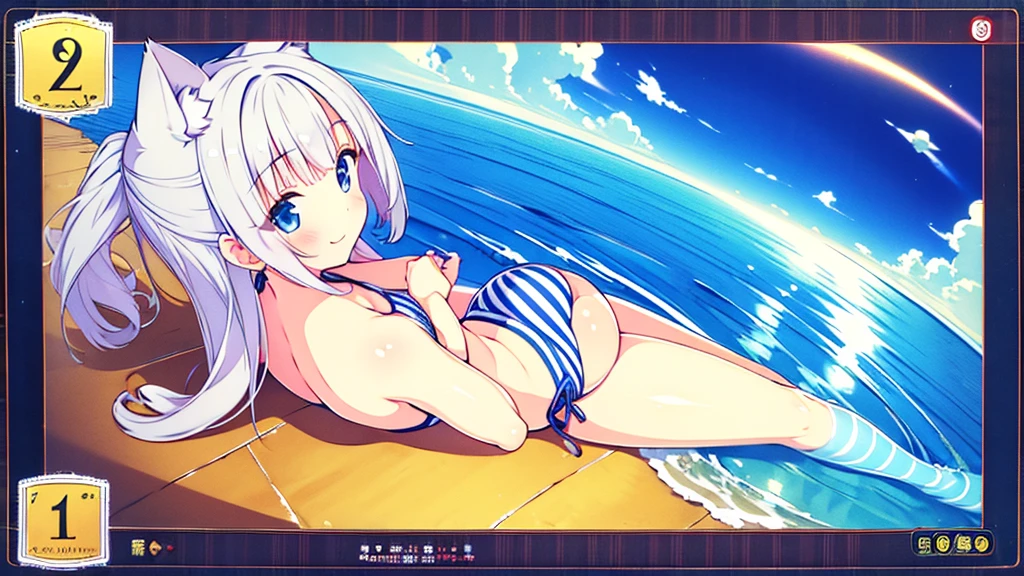 (Masterpiece), (High quality anime illustration), (Super definition), A girl, Alone, Beautiful silver hair girl, anime change, cat ear , , emphasis on the thigh, Striped bikini, SMILE, , buttocksk, South Island Sea, water, Tarot Card Wind