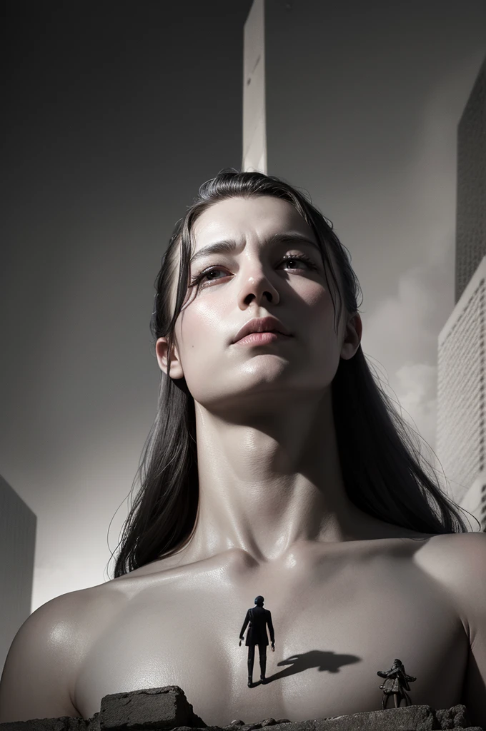 suspended in the face of a giant, in the style of haunting imagery, monumental figures --s 750 --v 6.0