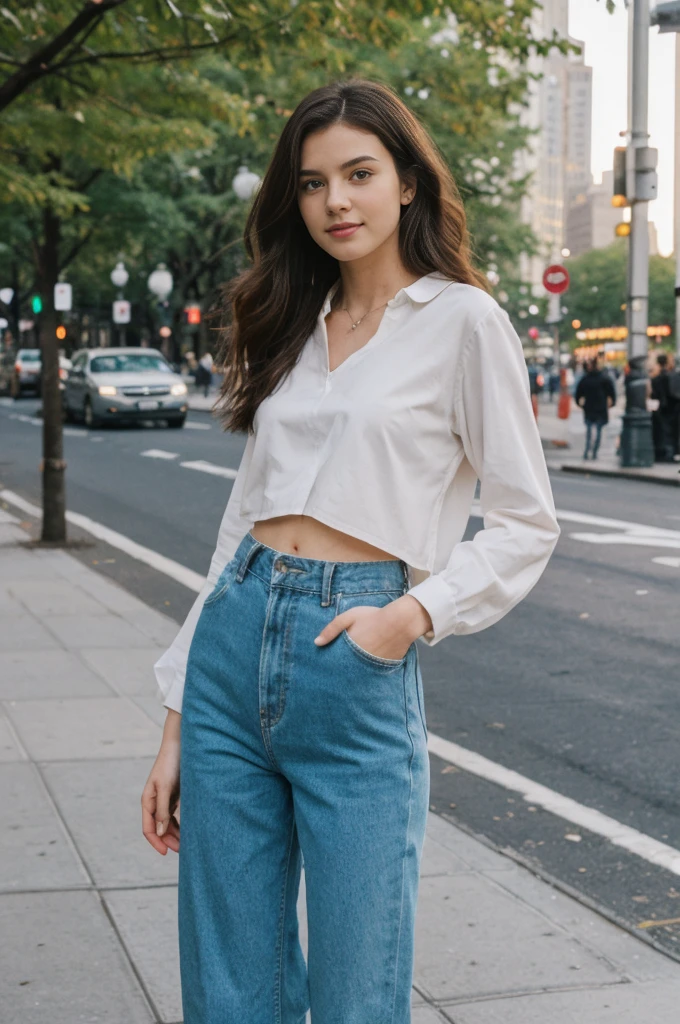 her name is Annie, high quality, 1girl, ((20-year-old fit Caucasian woman)), ((20 years old)), ((fit)) black long hair, pose: standing, wearing pastel colored unique g gen Z modern wear, BACKGROUND: Lived in the heartbeat of New York City, with its iconic skyline, Central Park's green oasis, and Broadway's bright lights.