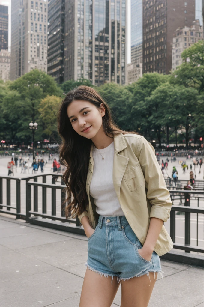 her name is Annie, high quality, 1girl, ((20-year-old fit Caucasian woman)), ((20 years old)), ((fit)) black long hair, pose: standing, wearing pastel colored unique g gen Z modern wear, BACKGROUND: Lived in the heartbeat of New York City, with its iconic skyline, Central Park's green oasis, and Broadway's bright lights.