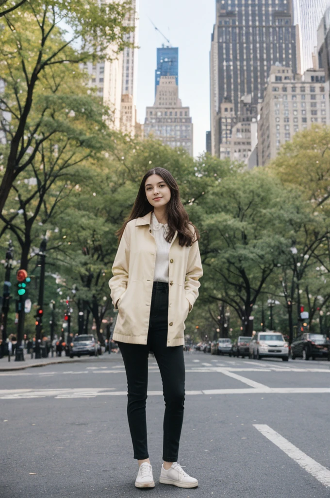 her name is Annie, high quality, 1girl, ((20-year-old fit Caucasian woman)), ((20 years old)), ((fit)) black long hair, pose: standing, wearing pastel colored unique g gen Z modern wear, BACKGROUND: Lived in the heartbeat of New York City, with its iconic skyline, Central Park's green oasis, and Broadway's bright lights.