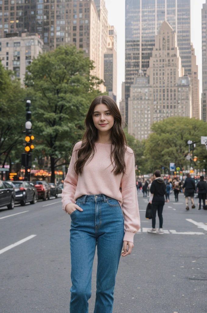 her name is Annie, high quality, 1girl, ((20-year-old fit Caucasian woman)), ((20 years old)), ((fit)) black long hair, pose: standing, wearing pastel colored unique g gen Z modern wear, BACKGROUND: Lived in the heartbeat of New York City, with its iconic skyline, Central Park's green oasis, and Broadway's bright lights.