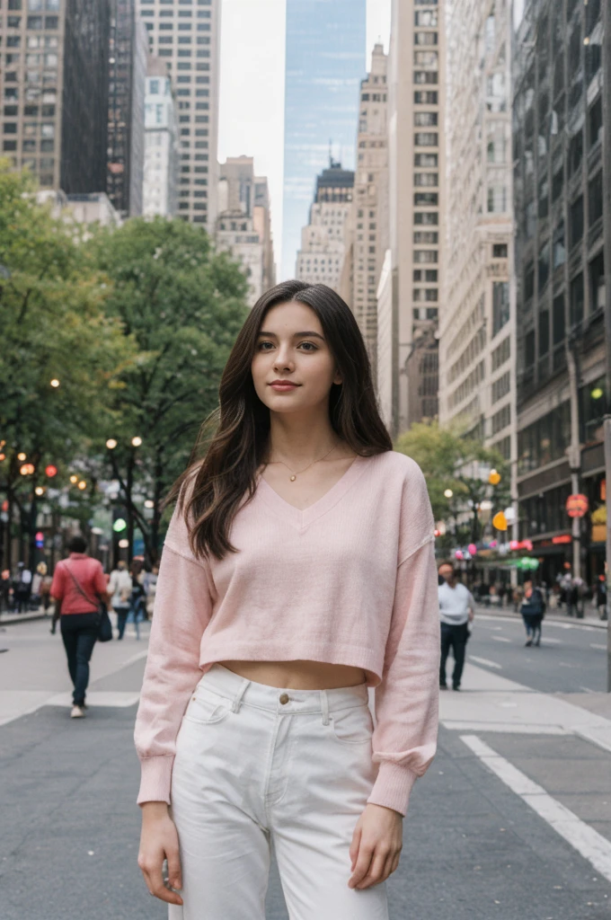 her name is Annie, high quality, 1girl, ((20-year-old fit Caucasian woman)), ((20 years old)), ((fit)) black long hair, pose: standing, wearing pastel colored unique g gen Z modern wear, BACKGROUND: Lived in the heartbeat of New York City, with its iconic skyline, Central Park's green oasis, and Broadway's bright lights.