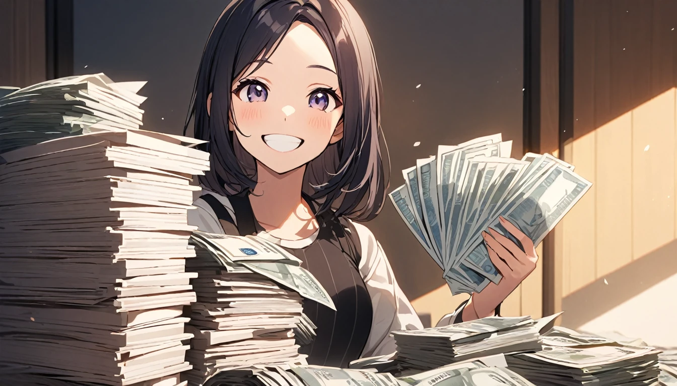 A girl holding a stack of bills is smiling broadly