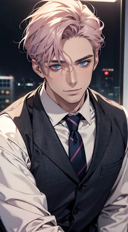 (best quality,4k,8k,highres,masterpiece:1.2),ultra-detailed,(realistic,photorealistic,photo-realistic:1.37),1 man,31 years old,mature man,very handsome,without expression,smile,short grey pink hair,blue eyes,penetrating gaze,perfect face without errors,imposing posture,businessman,office background,cinematic lighting,hdr image