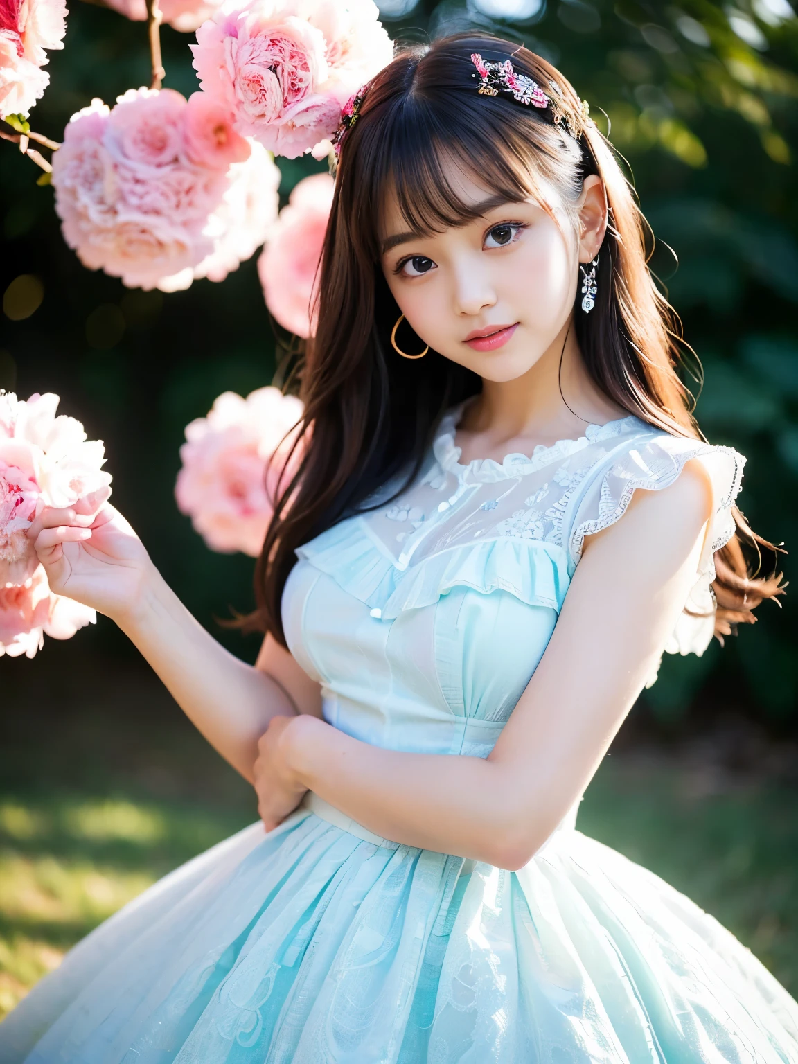 (Best-quality, Masterpiece, Ultra-High-Resolution, (Photorealistic:1.4), Raw Photo, depth of field, professional lighting, perfect anatomy, extremely details), 1girl, -yeld, thost famous Japanese idol, (dynamic pose, dramatic angle), ((wearing extremely cute-frilly and extremely cute-lacy dress with cute-design)), (extremely cute and extremely childish face like the most popular Japanese idol,((extremely cute and extremely big eyes)), extremely beautiful hair, ((extremely beautiful skins)), extremely cute long-eyelashes, extremely cute lips, short body, extremely cute thighs), looking at viewer, (innocent smile)