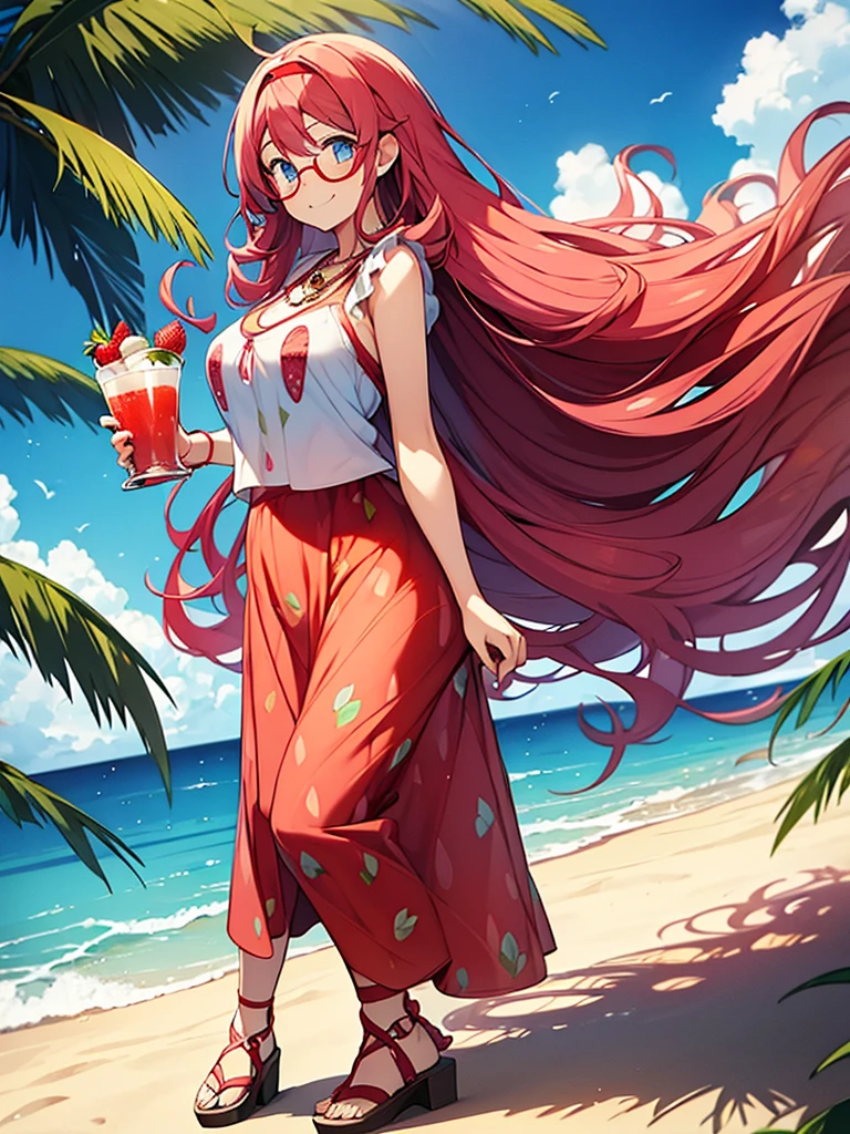 1woman, long curly pink hair, red headband, perfect eyes, blue eyes, glasses, relaxed face, yellow necklace, hippie clothing, white blouse with strawberry print, long blue skirt, red sandals, strawberry glass juice on the hand, big breasts, big ass, beach background
