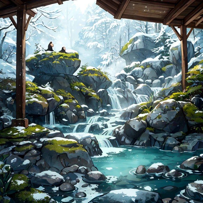 A beautiful chibi bathing in onsen, cheers jags, snow covered rock formation, humid outdoor onsen environment, highly detailed, photorealistic, 8k, masterpiece, intricate details, realistic water simulation, steam rising, mossy rocks, warm lighting, natural environment, serene atmosphere, adorable monkeys, realistic fur textures, crystal clear water, stunning scenery, vibrant colors, atmospheric lighting, picturesque landscape