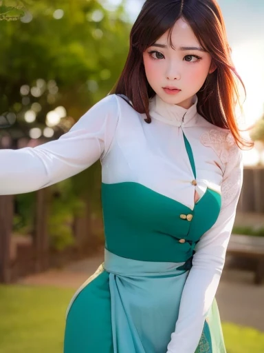 masterpiece, best quality, high resolution:1.2), (photorealistic:1.2), (intricate and beautiful:1.2), (detailed light:1.2), (soft lighting), (colorful, dynamic angle), upper body shot, fashion photography, 1girl, beautiful young girl, perfect face, long hair, perfect body, confident and alluring pose, exuding sensuality and charm, ultra detailed, photo realistic, hyper realism, realistic, standing, flowers surrounding background, (((wearing acmmsayarma outfit, acmmsayarma without top with buttons, long sleeves, ((acmmsayarma green long skirt))), Burmese girl.