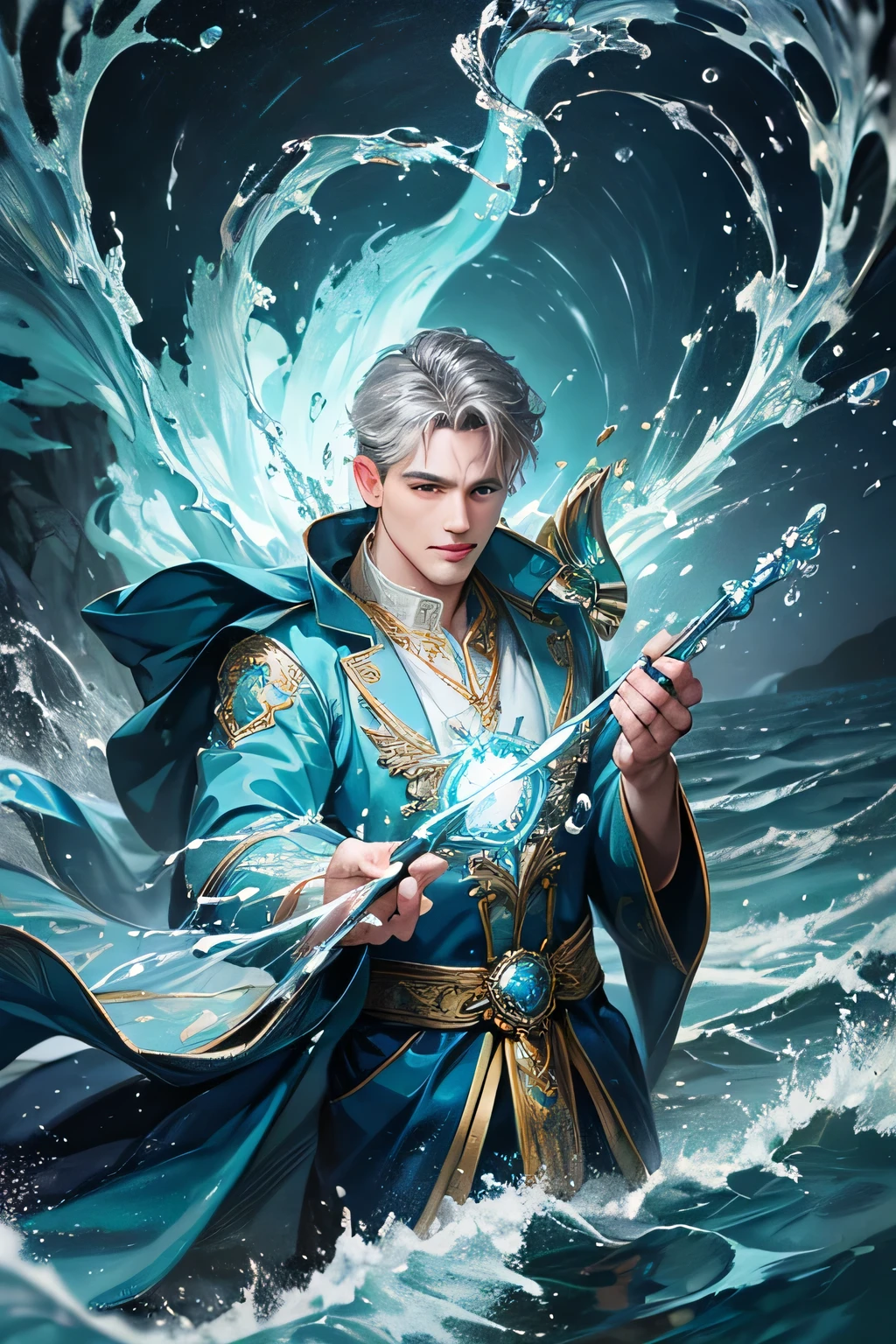 "Create an ultra-realistic image of a handsome 42-year-old man holding an aqua magical staff that emanates the powerful essence of water. Depict him surrounded by flowing currents, cascading waves, and shimmering droplets to highlight his command over the element of aqua. He should have an aqua sign marked on his body, signifying his role as the keeper of aqua and showcasing the dynamic, fluid energy of water he possesses within him."