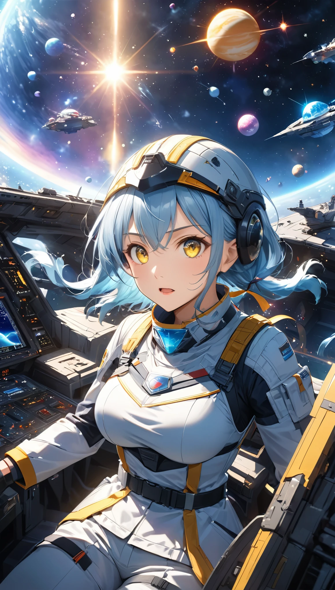 Highest quality, Highest quality, 16K, Unbelievably absurd, Very detailed, 2.5D, delicate and dynamic, universe, Fighter, war, universe戦艦ヤマト, Brightly colored planet, Tiny faint lights and colorful meteors, space ships, universeステーション, Very delicate facial expressions, Delicate eye depiction, Upper body close-up,, erotic, dynamic sexy poses, Only sexy women, Healthy body shape, 22-year-old woman, Fighterパイロット, Height: 170cm, Large, firm, swaying bust, Helmet, 艶やかな黄色いuniverse服, Crystal Yellow, Medals, エナメル質のタイトなuniverse服, , Movie battle scenes, Sit in the cockpit, Preparation for deployment