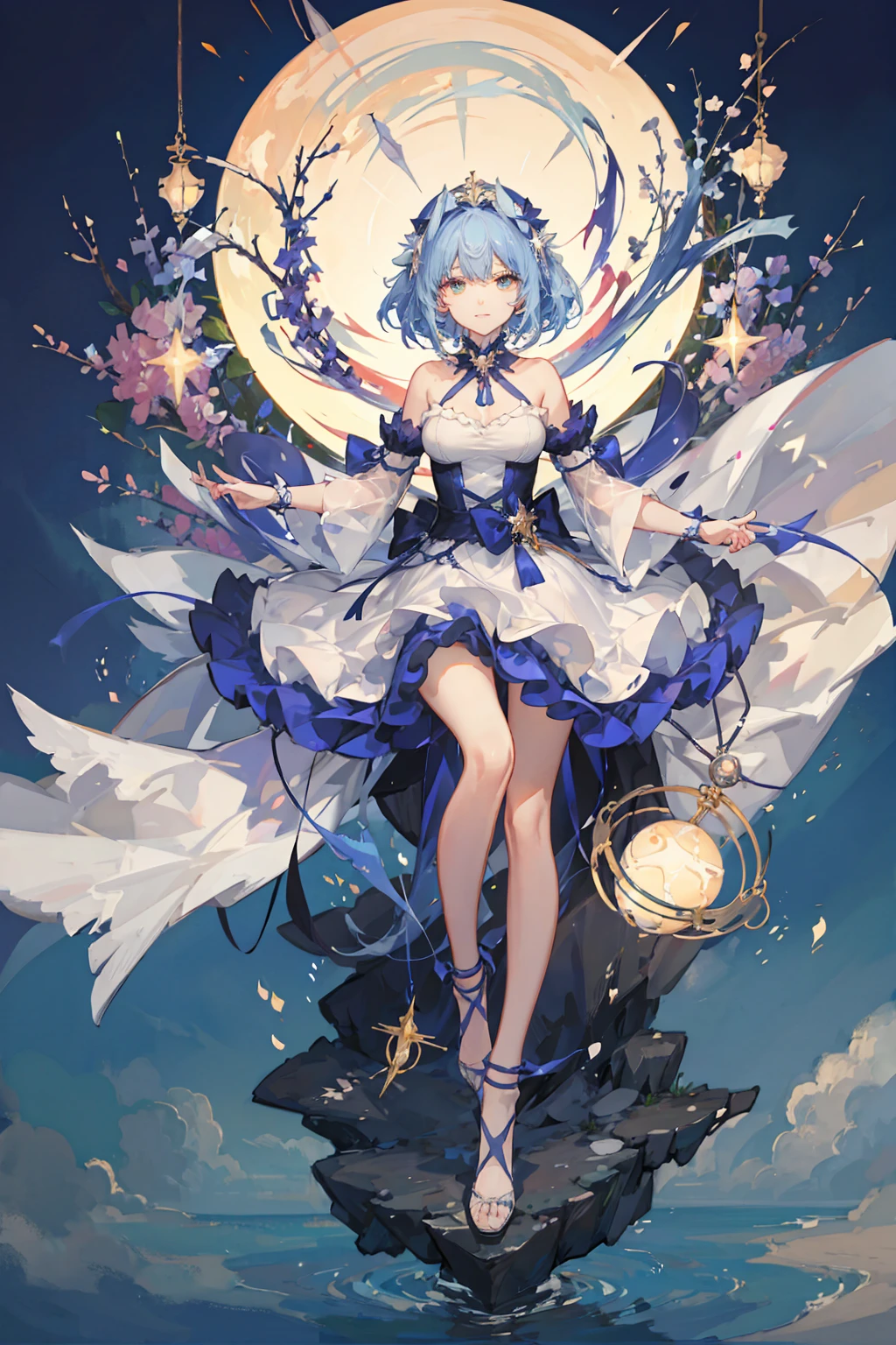 Generate an anime character surrounded by halos, with several element balls of varying sizes floating around the character.