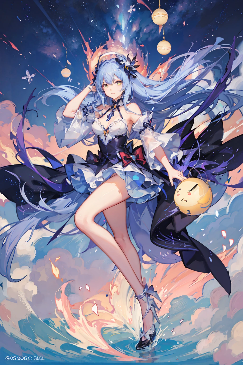 Generate an anime character surrounded by halos, with several element balls of varying sizes floating around the character.